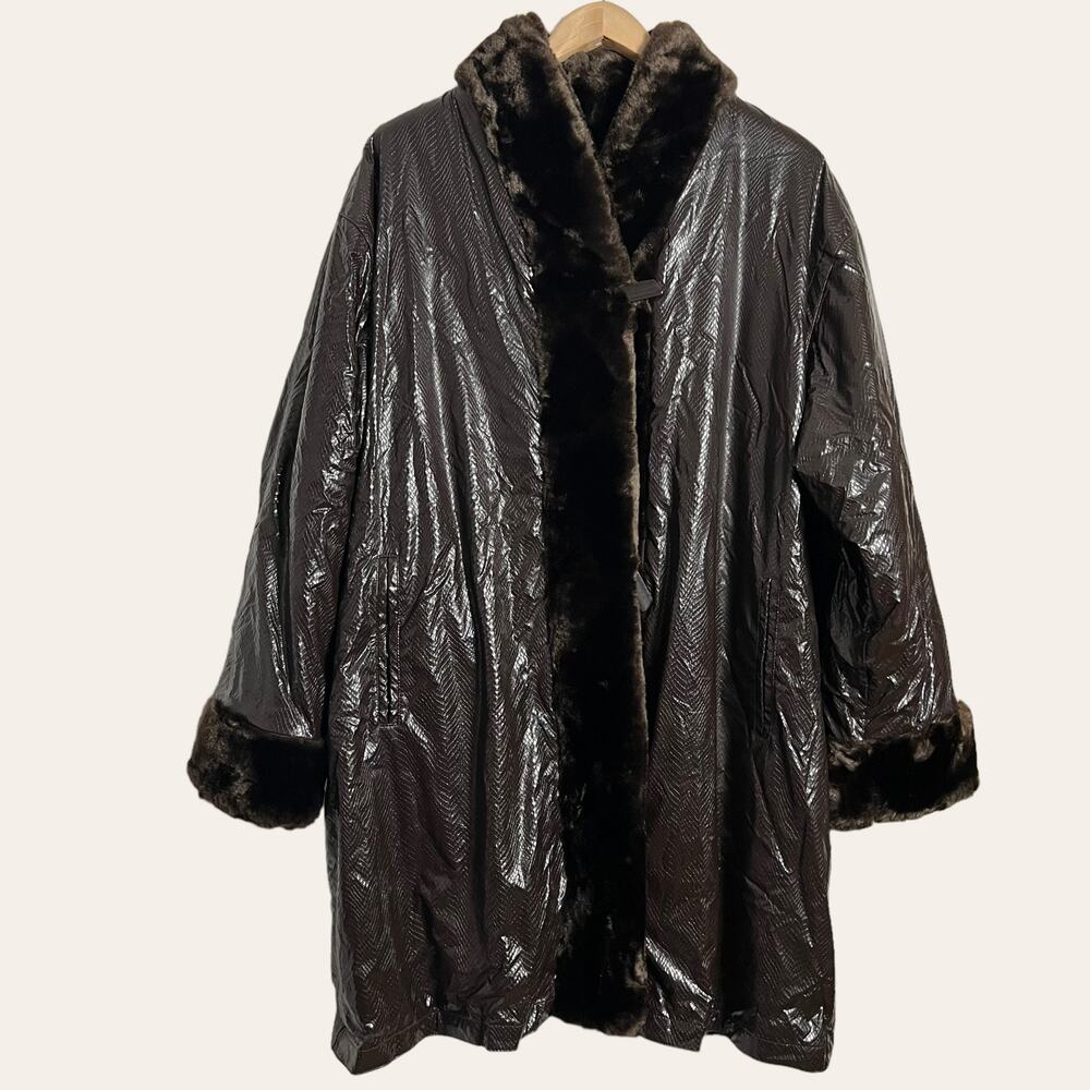 Vintage Dennis Basso Faux Leather Faux Fur Lined Snakeskin Texture Coat Size 1X - Picture 1 of 11